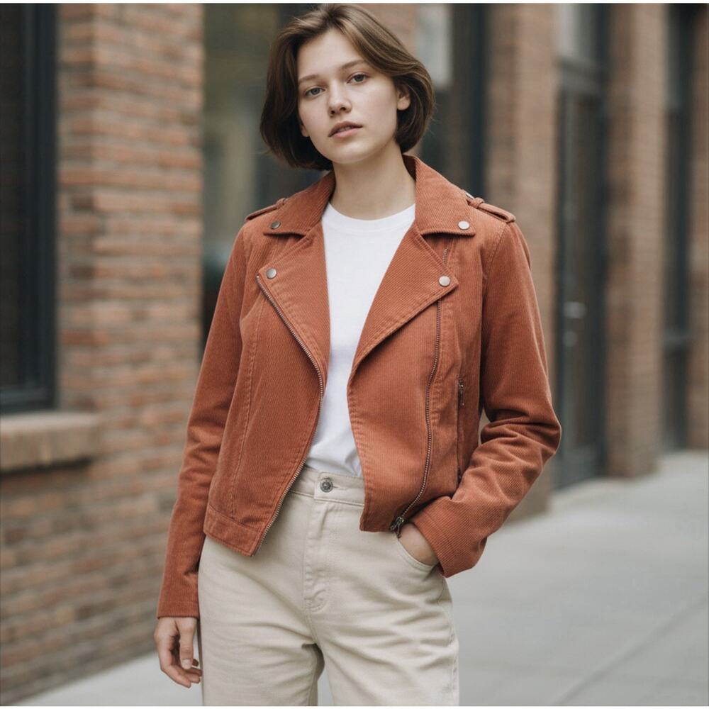 Listicle Womens S Rust Orange Corduroy Asymmetrical Moto Zipper Jacket Casual